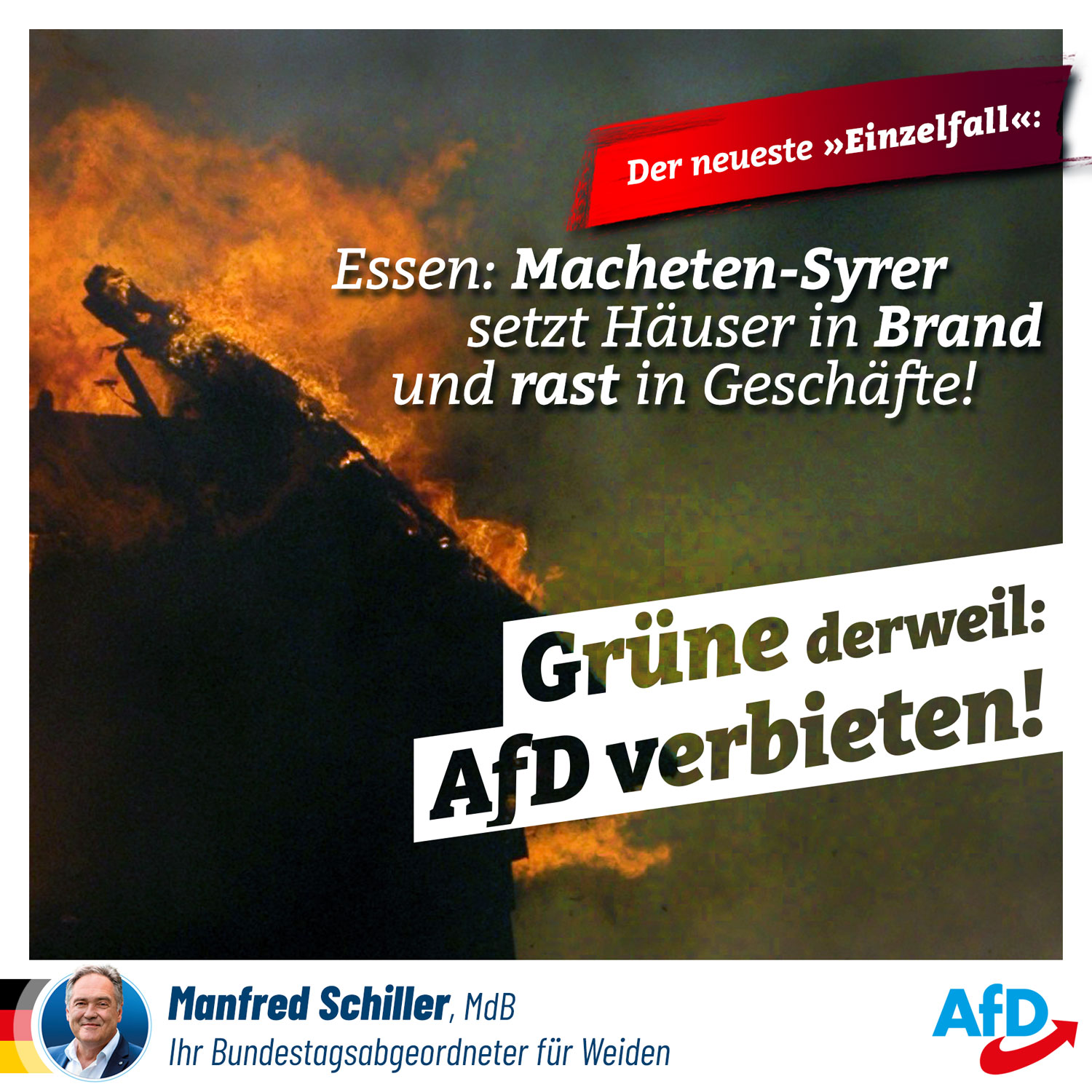 Nächster "Einzelfall" in Essen: Macheten-Syrer setzt Häuser in Brand und rast in Geschäfte. Grüne derweil: AfD verbieten!