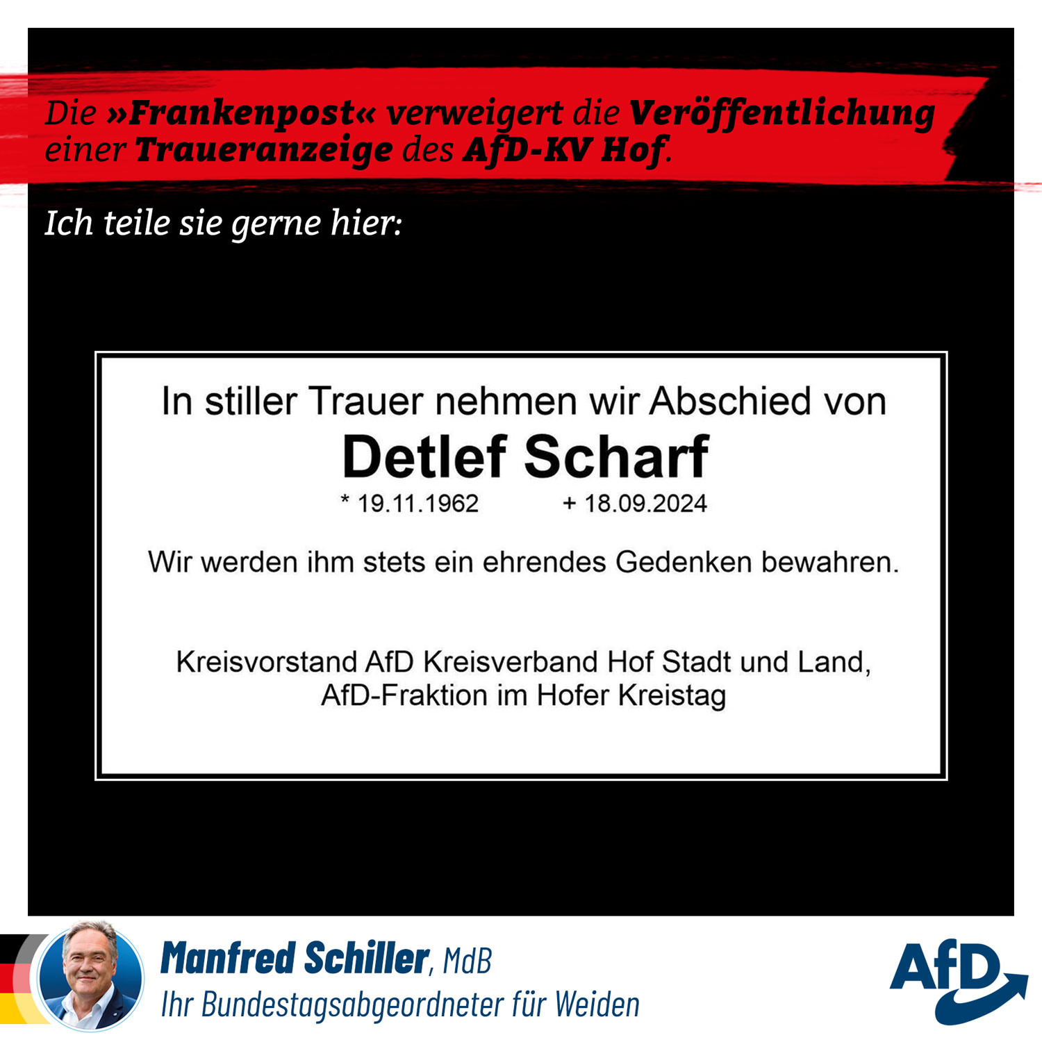 Frankenpost verweigert Abdruck von AfD-Traueranzeige